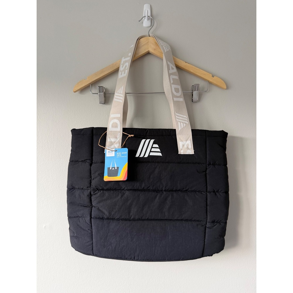 Aldi 50th Anniversary Gear Puffer Tote Bag Black Quilted Nylon Logo